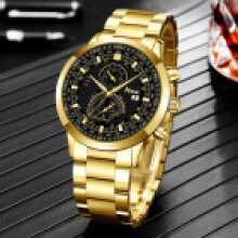 (Gold) Stylish Mens Quartz Wristwatch And Chain Necklace Set With Alloy Material For Daily Use