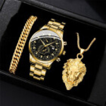 (Gold Set) Stylish Mens Quartz Wristwatch And Chain Necklace Set With Alloy Material For Daily Use