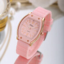 (Pink) Womens Casual Silicone Quartz Watch Featuring Barrel Shape Case Style Classic And