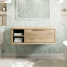 1100mm Bathroom Vanity Unit Countertop Wall Hung With Shelves Brass Handle Oak Wood No Basin - LH Shelves