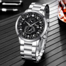 (Silver) Quartz Stylish Mens Wristwatch And Chain Necklace Set With Alloy Material Daily For Use