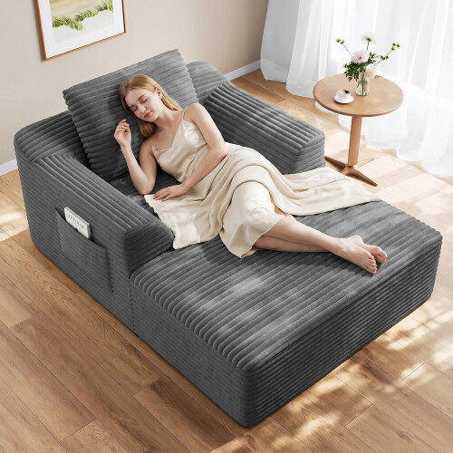 Modular Corduroy Chaise Lounge Sofa High-Density Foam Grey