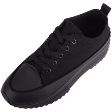 (UK4, Black) ABSOLUTE FOOTWEAR Easy Lace Up Low Top Canvas Chunky Sole Trainers Sneakers