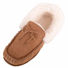 (UK7, Tan) ABSOLUTE FOOTWEAR Wool Lined Suede Moccasin with Wool Cuff and Hard Sole