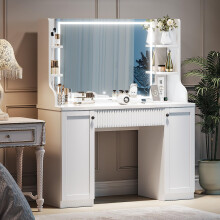 Vanity Desk with LED Lighted Mirror, Drawers & Side Storage Cabinets