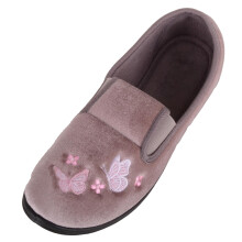 (UK6, Pink) ABSOLUTE FOOTWEAR Twin Gusset Velour Style Slippers with Butterfly Embroidery