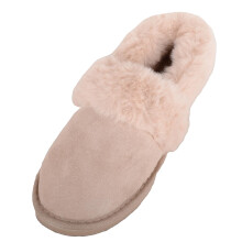 (UK7, Beige) ABSOLUTE FOOTWEAR Easy Slip On Bootie Slipper with Thick Faux Fur Collar