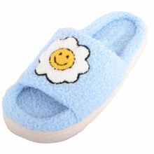 (UK6, Blue) ABSOLUTE FOOTWEAR Easy Slip On Peep Toe Open Back Slider Slipper, Flower Design