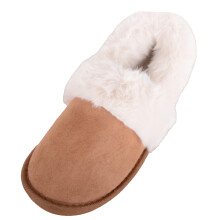 (UK6, Tan) ABSOLUTE FOOTWEAR Easy Slip On Bootie Slipper with Thick Faux Fur Collar