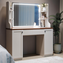 Vanity Desk with LED Lighted Mirror, Drawers & Side Storage Cabinets
