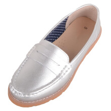 (UK6, Silver) ABSOLUTE FOOTWEAR Easy Slip On Summer Boat Loafer Shoe with Chunky Sole