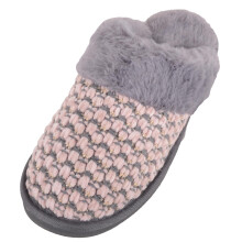 (UK7, Grey) ABSOLUTE FOOTWEAR Easy Slip On Open Back Knitted Mule Slippers, Faux Fur Inners