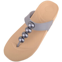 (UK5, Grey) ABSOLUTE FOOTWEAR Easy Slip On Beaded Wedged Toe Bar Summer Sandals Flip Flops