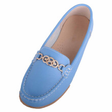 (UK7, Light Blue) ABSOLUTE FOOTWEAR Genuine Leather Easy Slip On Loafer Boat Shoe, Diamante Trim