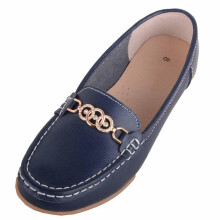 (UK6, Navy) ABSOLUTE FOOTWEAR Genuine Leather Easy Slip On Loafer Boat Shoe, Diamante Trim
