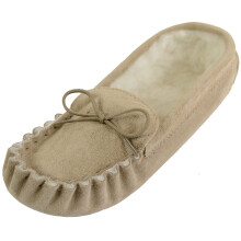 (UK8, Camel) SNUGRUGS Suede Moccasin Slippers with Wool Lining and Suede Sole. Made in UK.