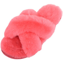 (UK5, Light Red) SNUGRUGS Genuine Thick Sheepskin Open Back Peep Toe Cross Over Slipper Slider