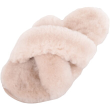 (UK8, Ivory) SNUGRUGS Genuine Thick Sheepskin Open Back Peep Toe Cross Over Slipper Slider
