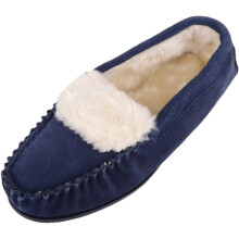 (UK6, Navy) SNUGRUGS Suede Moccasins with Wool Lining and Rubber Sole