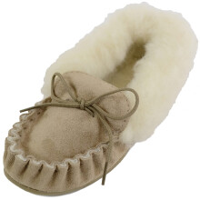 (UK6, Beige) SNUGRUGS Slip On Suede Moccasins with Wool Cuff and Rubber Sole. Made in UK
