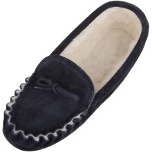 (UK8, Navy) SNUGRUGS Slip On Suede Moccasin Slippers, Wool Lining & Rubber Sole. Made in UK