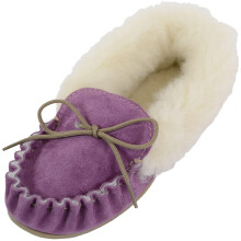 (UK5, Purple) SNUGRUGS Slip On Suede Moccasins with Wool Cuff and Rubber Sole. Made in UK