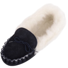 (UK8, Navy) SNUGRUGS Slip On Suede Moccasins with Wool Cuff and Rubber Sole. Made in UK