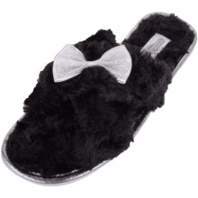 (UK5-6, Black) ABSOLUTE FOOTWEAR Samantha, Slip On Faux Fur Slipper Sliders with Bow Design