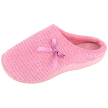 (UK4, Rose) ABSOLUTE FOOTWEAR Velour Mule Slippers with Delicate Glitter Strip and Satin Bow Trim