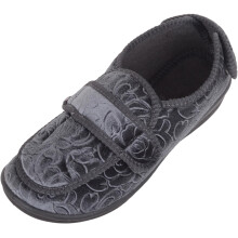 (UK7, Grey) ABSOLUTE FOOTWEAR Easy Slip On Touch & Close Velour Slipper with Embossed Floral Design