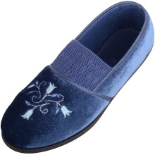 (UK4, Blue) ABSOLUTE FOOTWEAR Slip On Velour EE Fit Slippers with Elasticated Front and Contrasting Flower Design