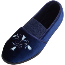 (UK7, Navy) ABSOLUTE FOOTWEAR Slip On Velour EE Fit Slippers with Elasticated Front and Contrasting Flower Design