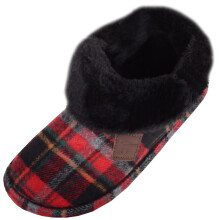 (UK5, Red) ABSOLUTE FOOTWEAR Slip On Tartan Checked Thick Faux Fur Slipper Booties Boots