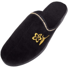 (UK6, Black) ABSOLUTE FOOTWEAR Slip On Heeled Mule Slipper with Constrasting Floral Design