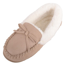 (UK6, Beige) ABSOLUTE FOOTWEAR Easy Slip On Faux Fur Moccasin Slipper with Bow Design