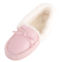 (UK7, Pink) ABSOLUTE FOOTWEAR Easy Slip On Faux Fur Moccasin Slipper with Bow Design