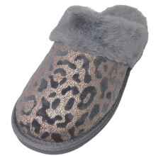(UK8, Grey) ABSOLUTE FOOTWEAR Easy Slip On Open Back Sparkle Leopard Metallic Mule Slipper