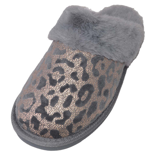 (UK8, Grey) ABSOLUTE FOOTWEAR Easy Slip On Open Back Sparkle Leopard Metallic Mule Slipper