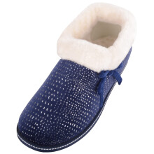 (UK7, Navy) ABSOLUTE FOOTWEAR Easy Slip On Cosy Faux Fur Lined Shimmer Bootee Slippers with Bow