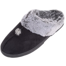 (UK4, Black) ABSOLUTE FOOTWEAR Slip On Faux Fur Open Back Mule Slippers with Snowflake Design