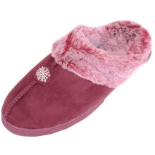 (UK6, Wine) ABSOLUTE FOOTWEAR Slip On Faux Fur Open Back Mule Slippers with Snowflake Design