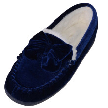 (UK7, Navy) ABSOLUTE FOOTWEAR Easy Slip On Velour Style Moccasin Slippers with Bow Design