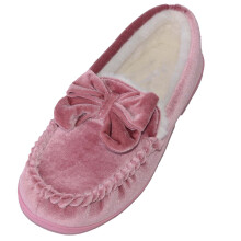 (UK7, Pink) ABSOLUTE FOOTWEAR Easy Slip On Velour Style Moccasin Slippers with Bow Design