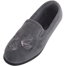 (UK4, Grey) ABSOLUTE FOOTWEAR Slip On Plush Velour Twin Gusset Slipper with Butterfly Embroidery