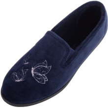 (UK4, Navy) ABSOLUTE FOOTWEAR Slip On Plush Velour Twin Gusset Slipper with Butterfly Embroidery
