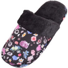 (UK3-4, Black) ABSOLUTE FOOTWEAR Slip On Floral Mule Style Slippers with Faux Fur Inner and Cuff