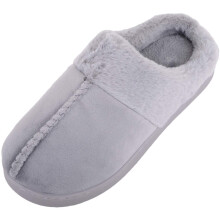 (UK3, Grey) ABSOLUTE FOOTWEAR Slip On Velour Style Open Back Mule Slippers with Faux Fur Inners