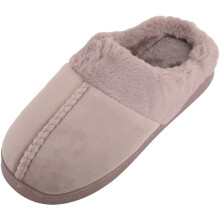 (UK4, Fawn) ABSOLUTE FOOTWEAR Slip On Velour Style Open Back Mule Slippers with Faux Fur Inners