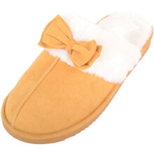 (UK6, Mustard) ABSOLUTE FOOTWEAR Slip On Mule Style Slippers with Faux Fur Inner and Bow Design