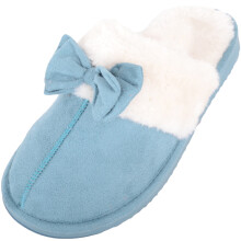 (UK5, Aqua) ABSOLUTE FOOTWEAR Slip On Mule Style Slippers with Faux Fur Inner and Bow Design